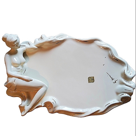 Other - Bassano Italy Large Ceramic Tray 3-D Nude Woman Figural White Gold Ceramic Rare